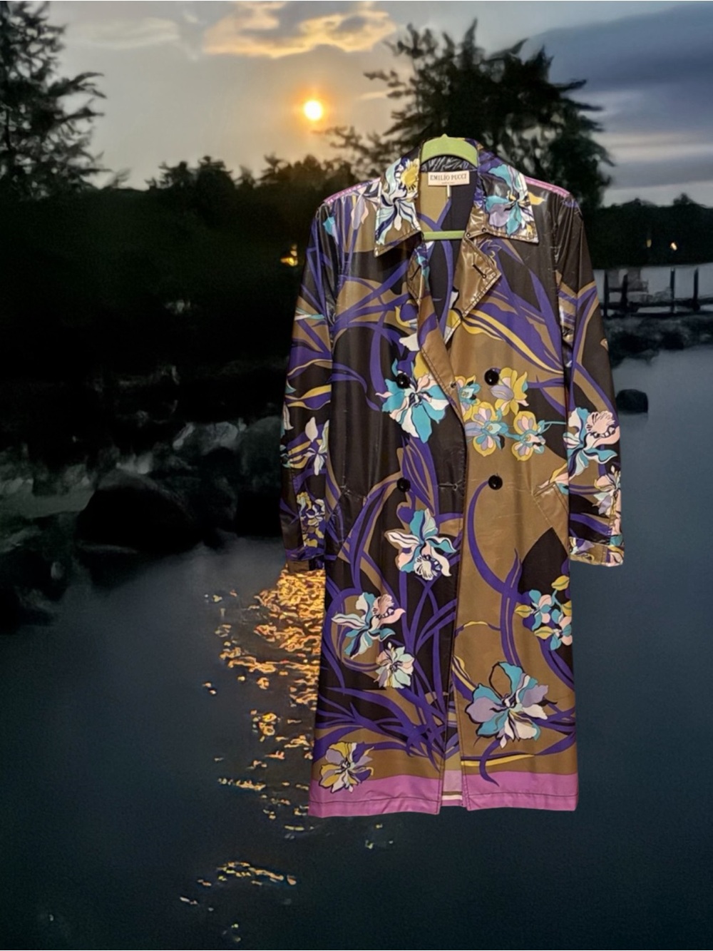 Emilio Pucci Black Purple Floral Trench Coat